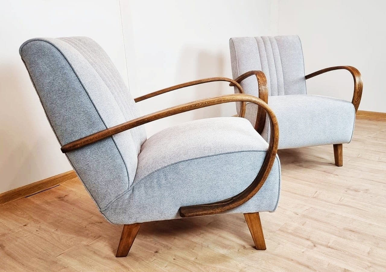 Armchair H 410, bentwood brown, grey fabric, by J. Halabala, Czechoslovakia, 1950s. - 48308