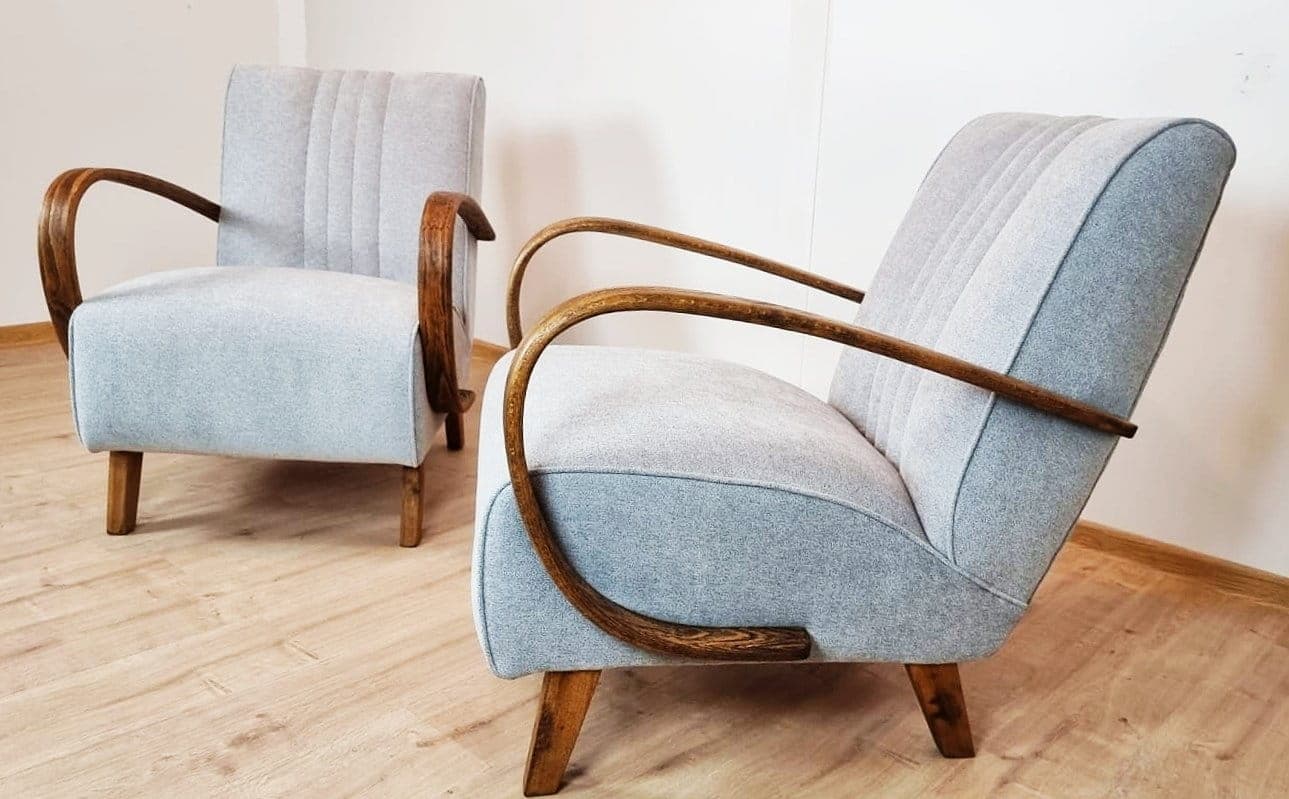 Armchair H 410, bentwood brown, grey fabric, by J. Halabala, Czechoslovakia, 1950s. - 48307