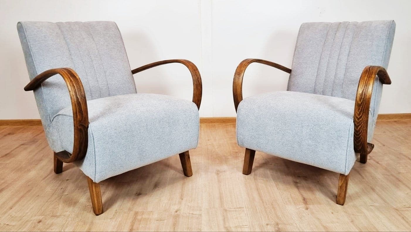 Armchair H 410, bentwood brown, grey fabric, by J. Halabala, Czechoslovakia, 1950s. - 48306