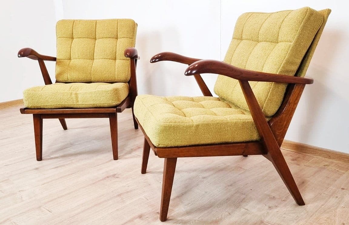 Pair of armchairs Krasna Jizba, yellow, wood, Czechoslovakia, 1960s. - 48303