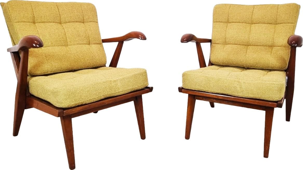 Pair of armchairs Krasna Jizba, yellow, wood, Czechoslovakia, 1960s.