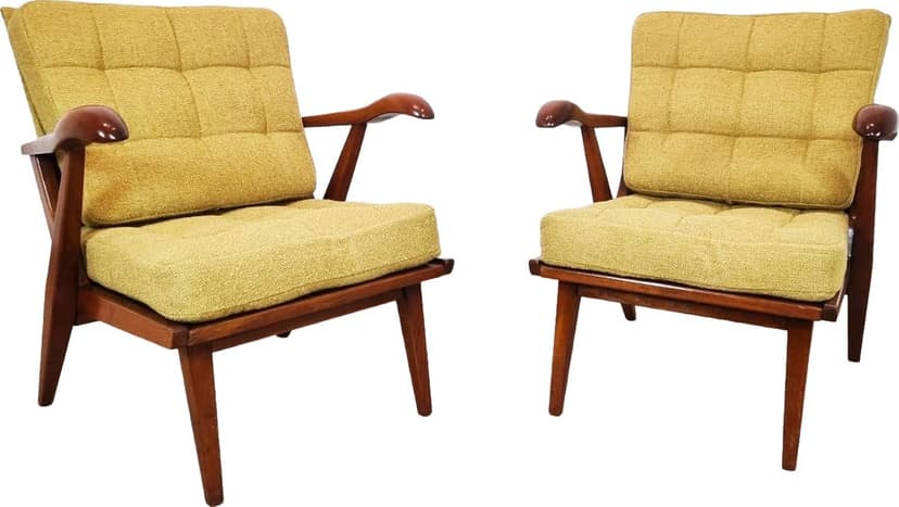Pair of armchairs Krasna Jizba, yellow, wood, Czechoslovakia, 1960s.