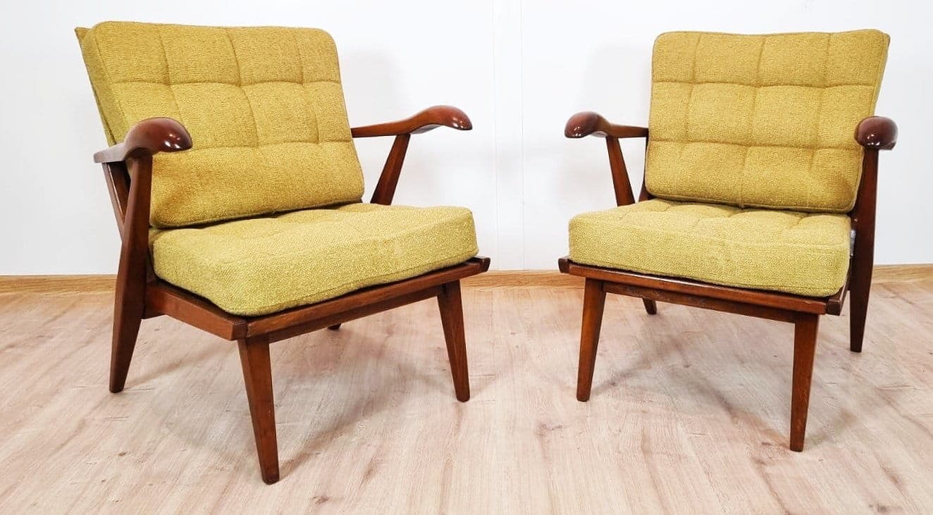Pair of armchairs Krasna Jizba, yellow, wood, Czechoslovakia, 1960s. - 48302