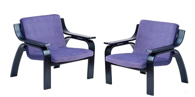Pair of armchairs Woodline, violet, black plywood, by M. Zanuso, Arflex, Italy, 1960s. - DIMENSION