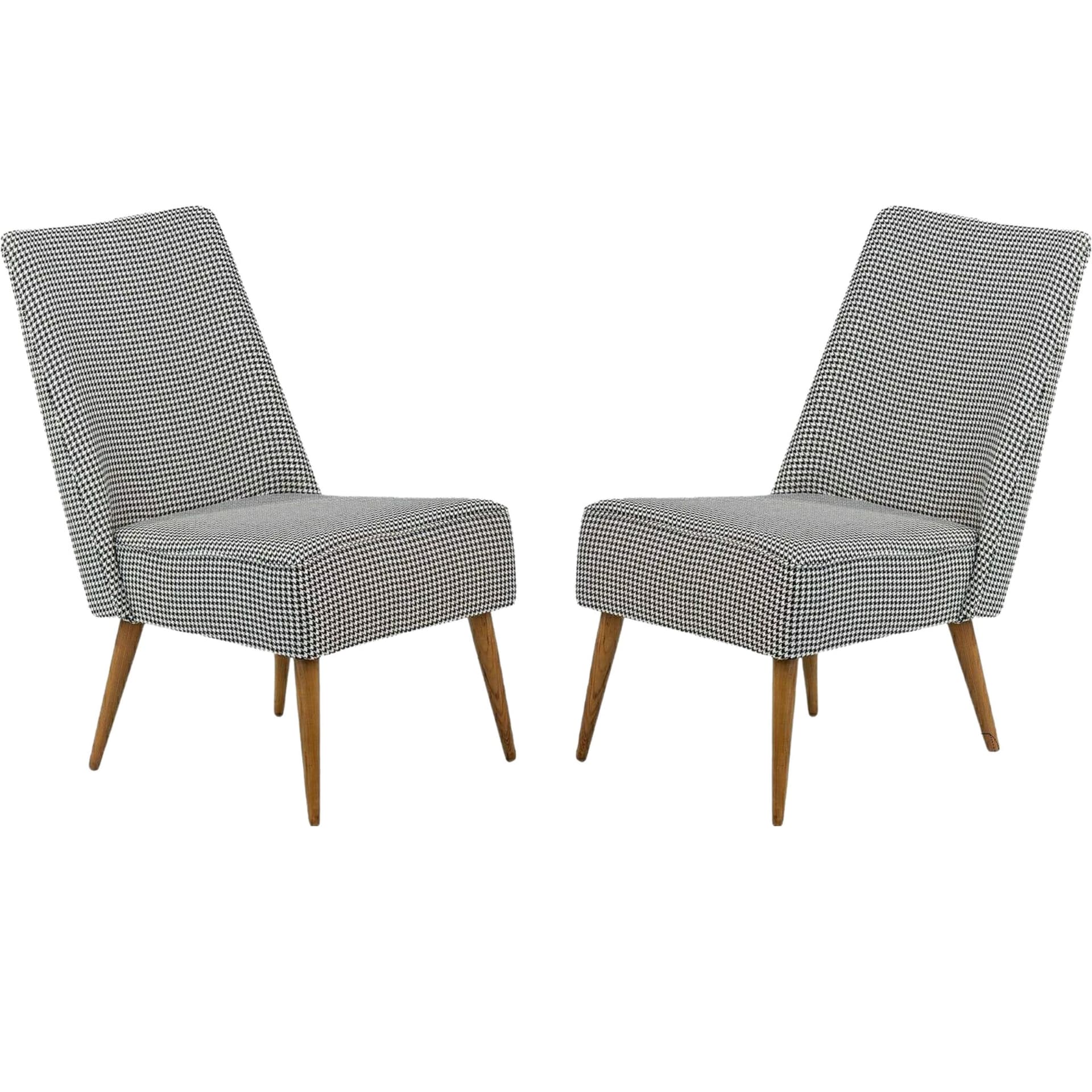 Pair of armchairs, black-and-white houndstooth, brown wood, Czechoslovakia, 1950s.
