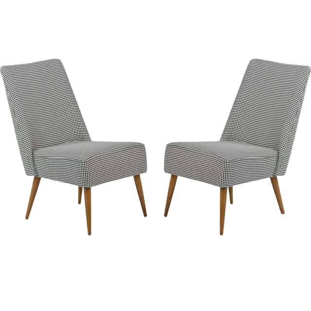 Pair of armchairs, black-and-white houndstooth, brown wood, Czechoslovakia, 1950s. - DIMENSION