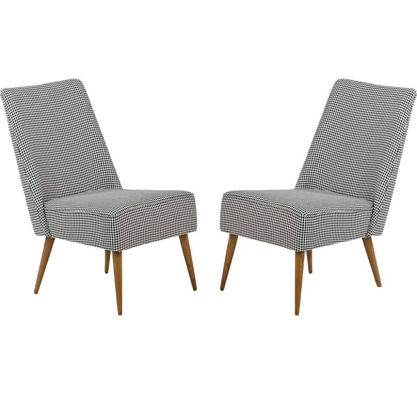 Pair of armchairs, black-and-white houndstooth, brown wood, Czechoslovakia, 1950s.