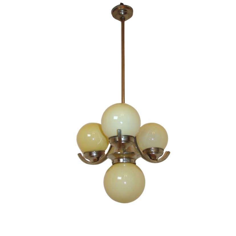 Żyrandol Art Deco, szkło ivory white, mosiądz niklowany, lata 20.