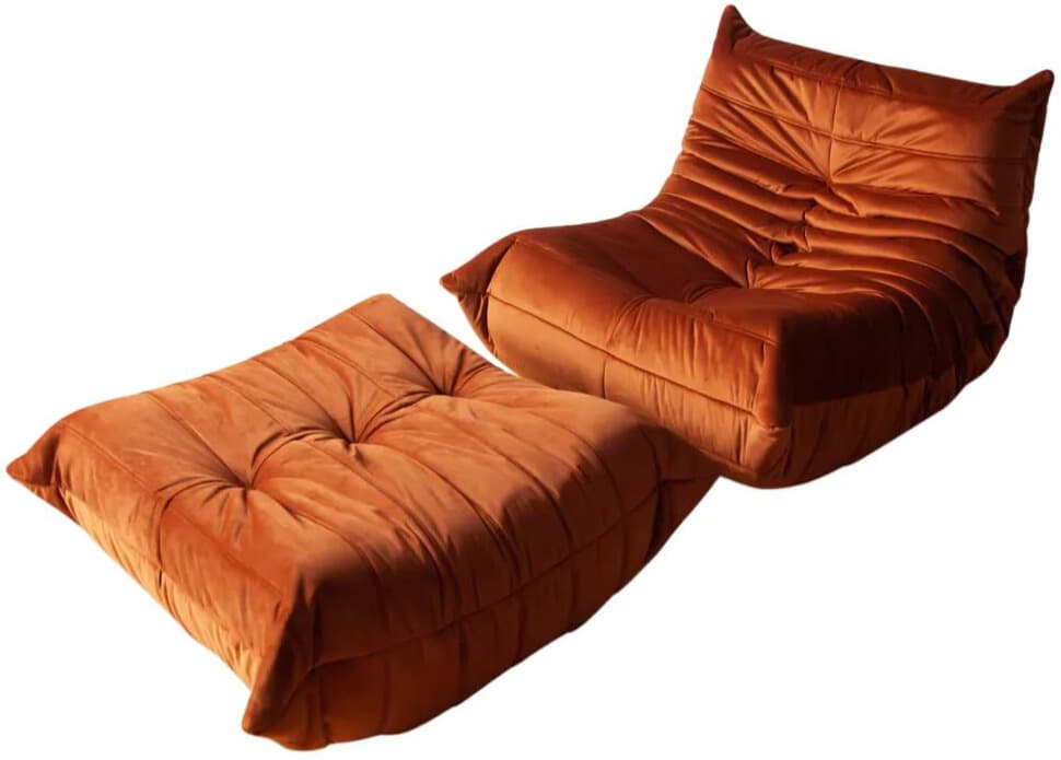 Fotel wypoczynkowy Togo z podnóżkiem, velvet pomarańczowy bursztyn