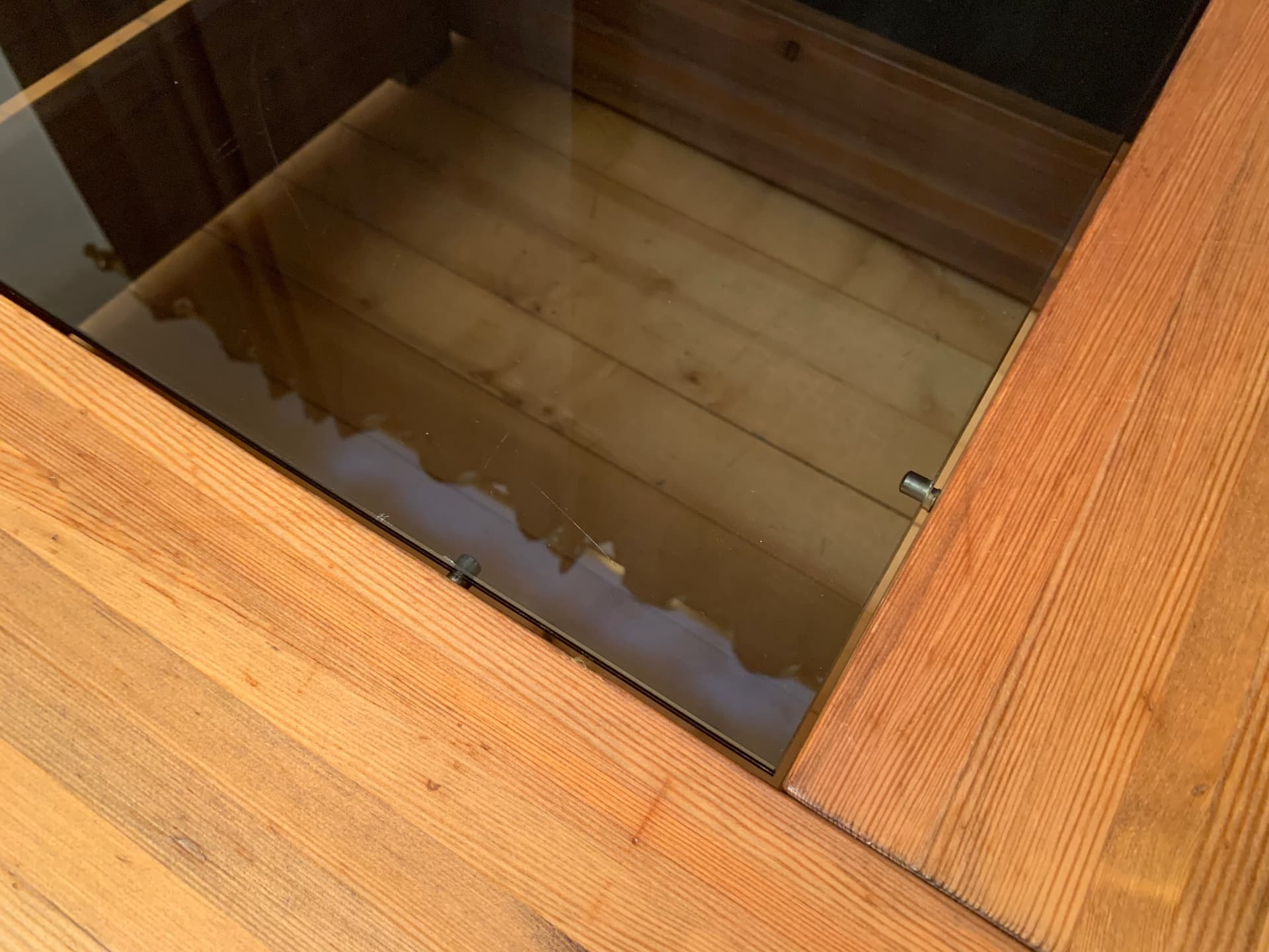 Coffee table, brown pine, smoked glass, Hämeen Kalustaja, Finland, 1970s. - 59213