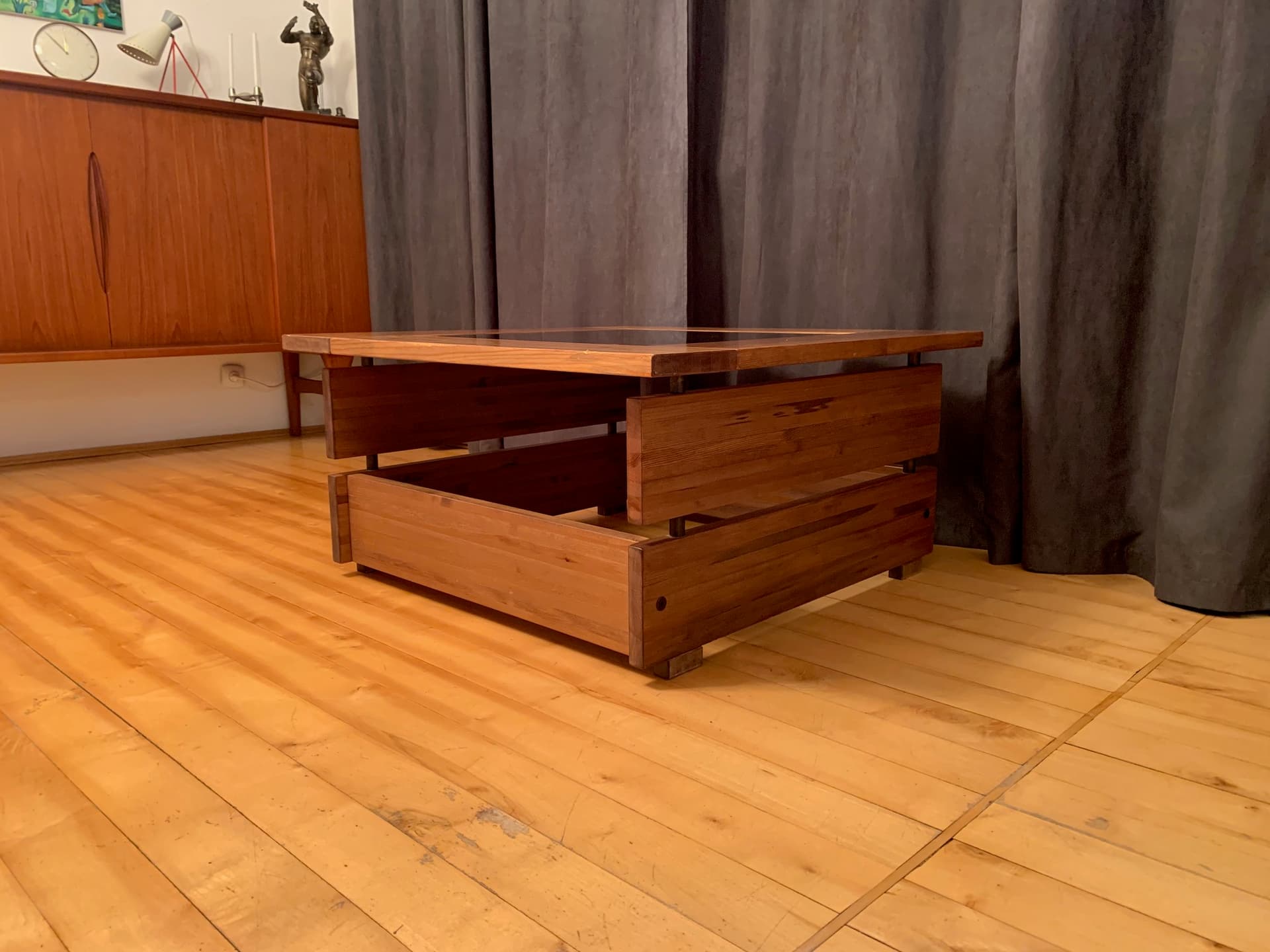 Coffee table, brown pine, smoked glass, Hämeen Kalustaja, Finland, 1970s. - 59208