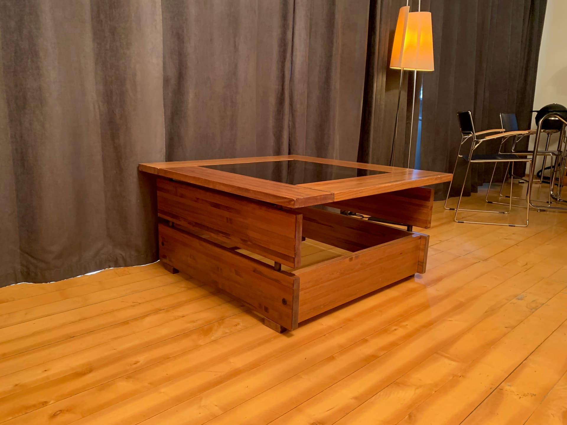 Coffee table, brown pine, smoked glass, Hämeen Kalustaja, Finland, 1970s. - 59210