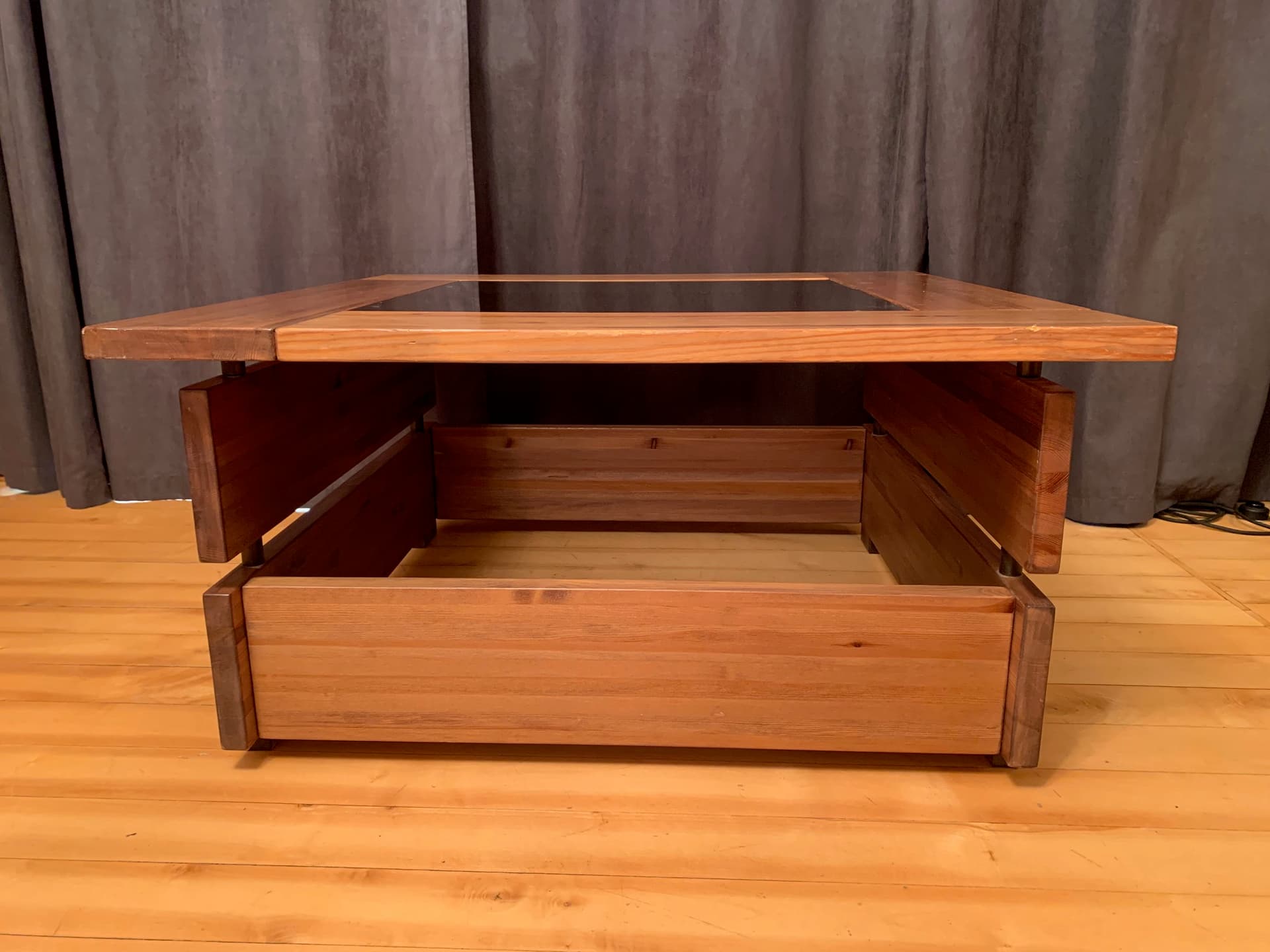 Coffee table, brown pine, smoked glass, Hämeen Kalustaja, Finland, 1970s. - 59212