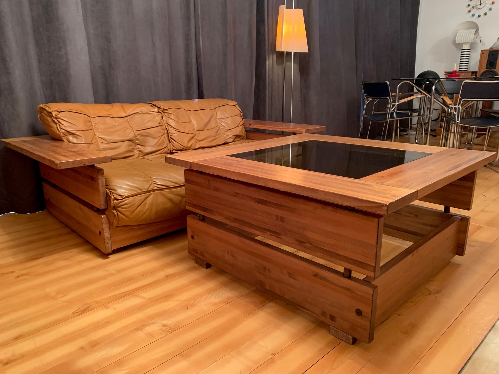 Coffee table, brown pine, smoked glass, Hämeen Kalustaja, Finland, 1970s. - 59215