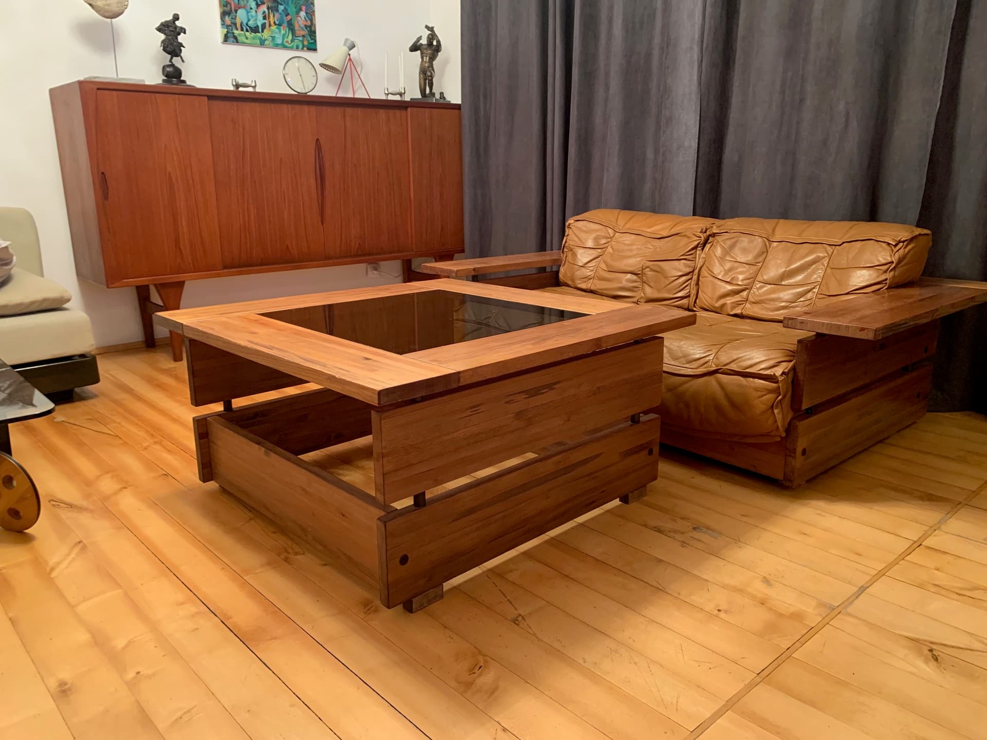 Coffee table, brown pine, smoked glass, Hämeen Kalustaja, Finland, 1970s. - 59216