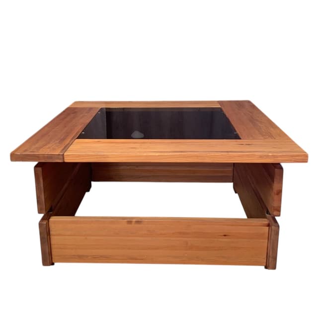 Coffee table, brown pine, smoked glass, Hämeen Kalustaja, Finland, 1970s. - DIMENSION