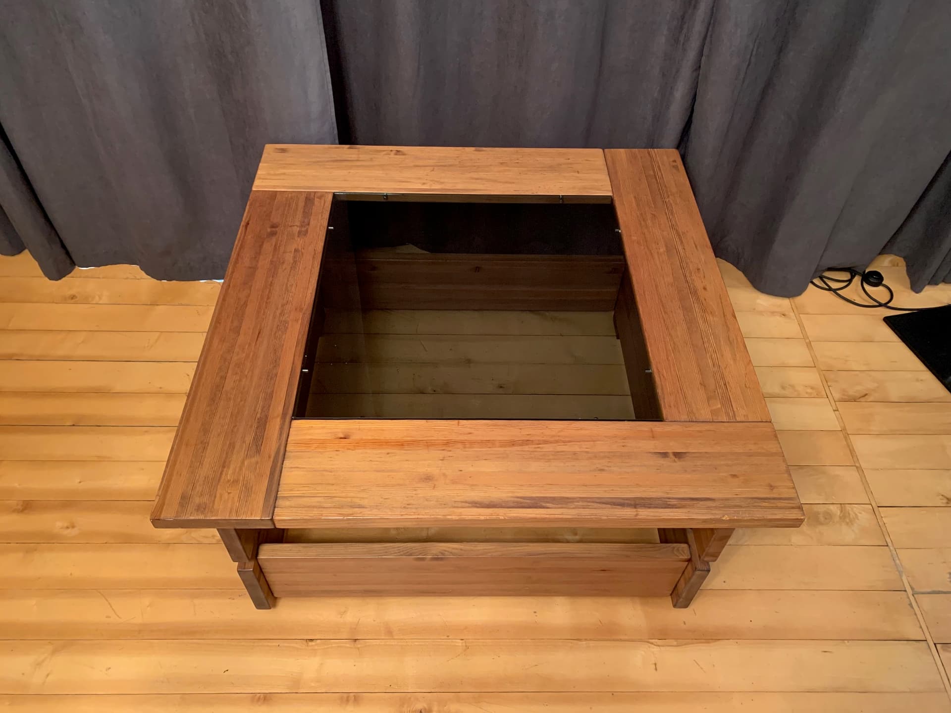 Coffee table, brown pine, smoked glass, Hämeen Kalustaja, Finland, 1970s. - 59209