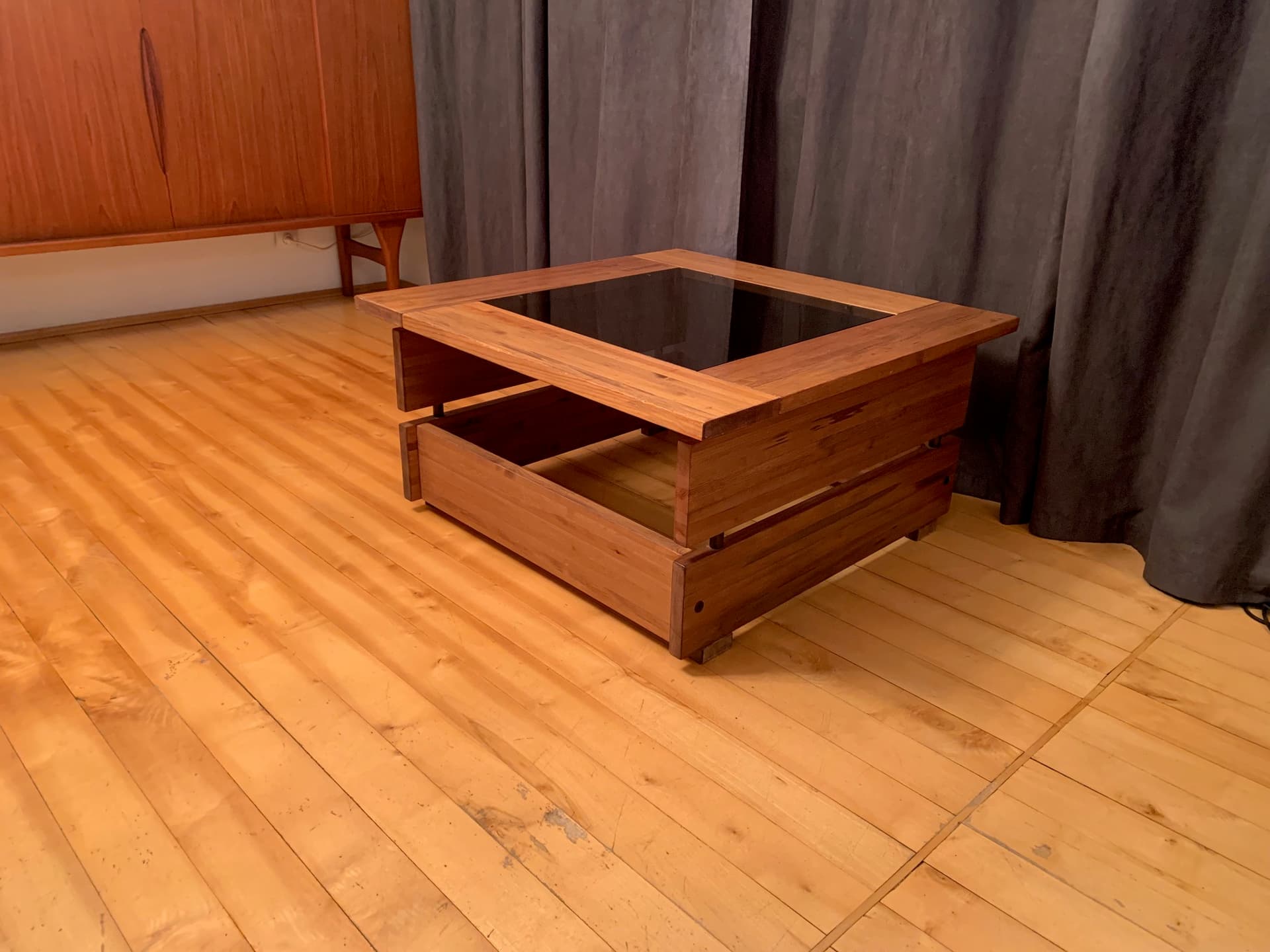 Coffee table, brown pine, smoked glass, Hämeen Kalustaja, Finland, 1970s. - 59211