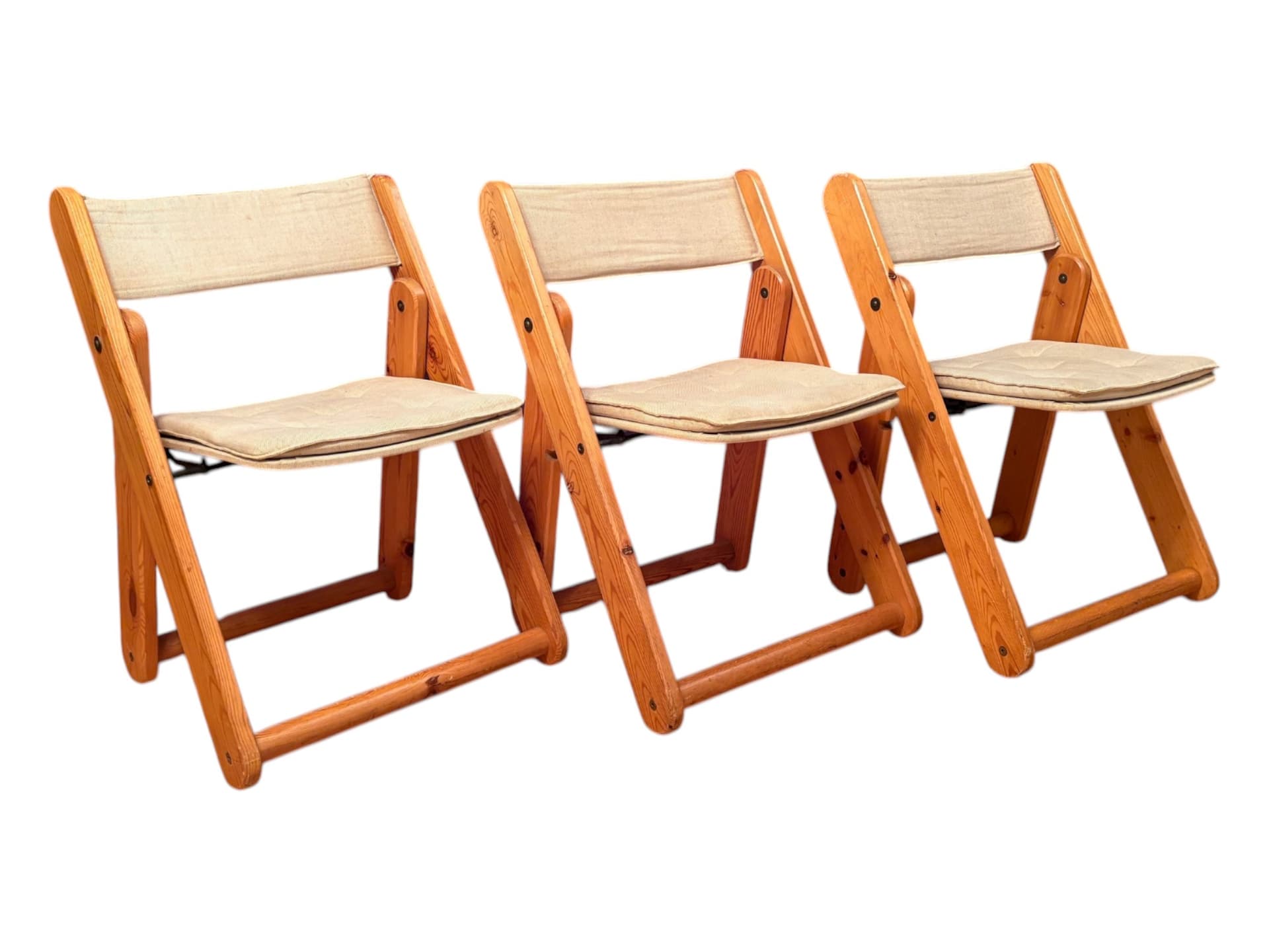 Komplet trzech krzeseł Kon-Tiki, sosna miodowa, płótno beżowe, proj. G. Lundgren, Ikea, Szwecja, lata 70. - 61185