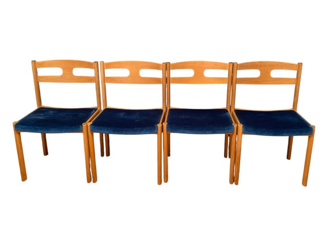 Zestaw czterech krzeseł Asko Export, dąb złoty, velvet granatowy, Finlandia, lata 60. - WYMIARY
