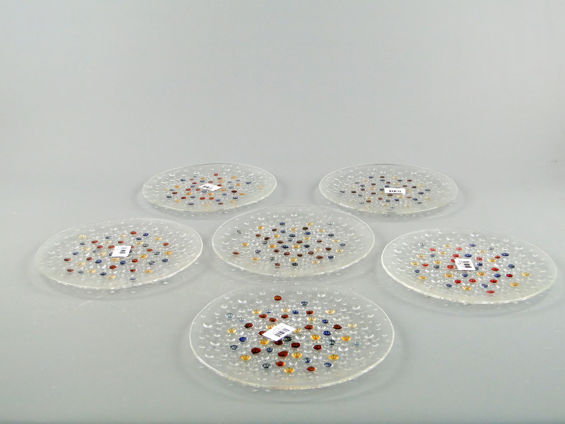 Zestaw talerzy deserowych Krople rosy, multikolor, szkło, proj. J. Drost, Ząbkowice, Polska, lata 80. - 59820