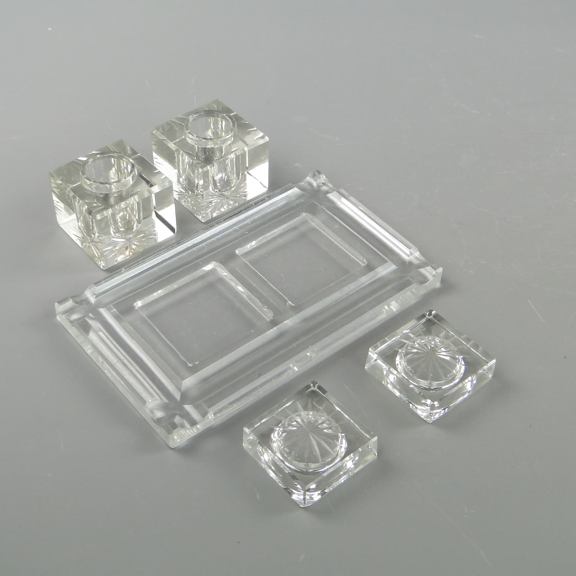 Desk inkwell set, transparent crystal, 1920s - 60043