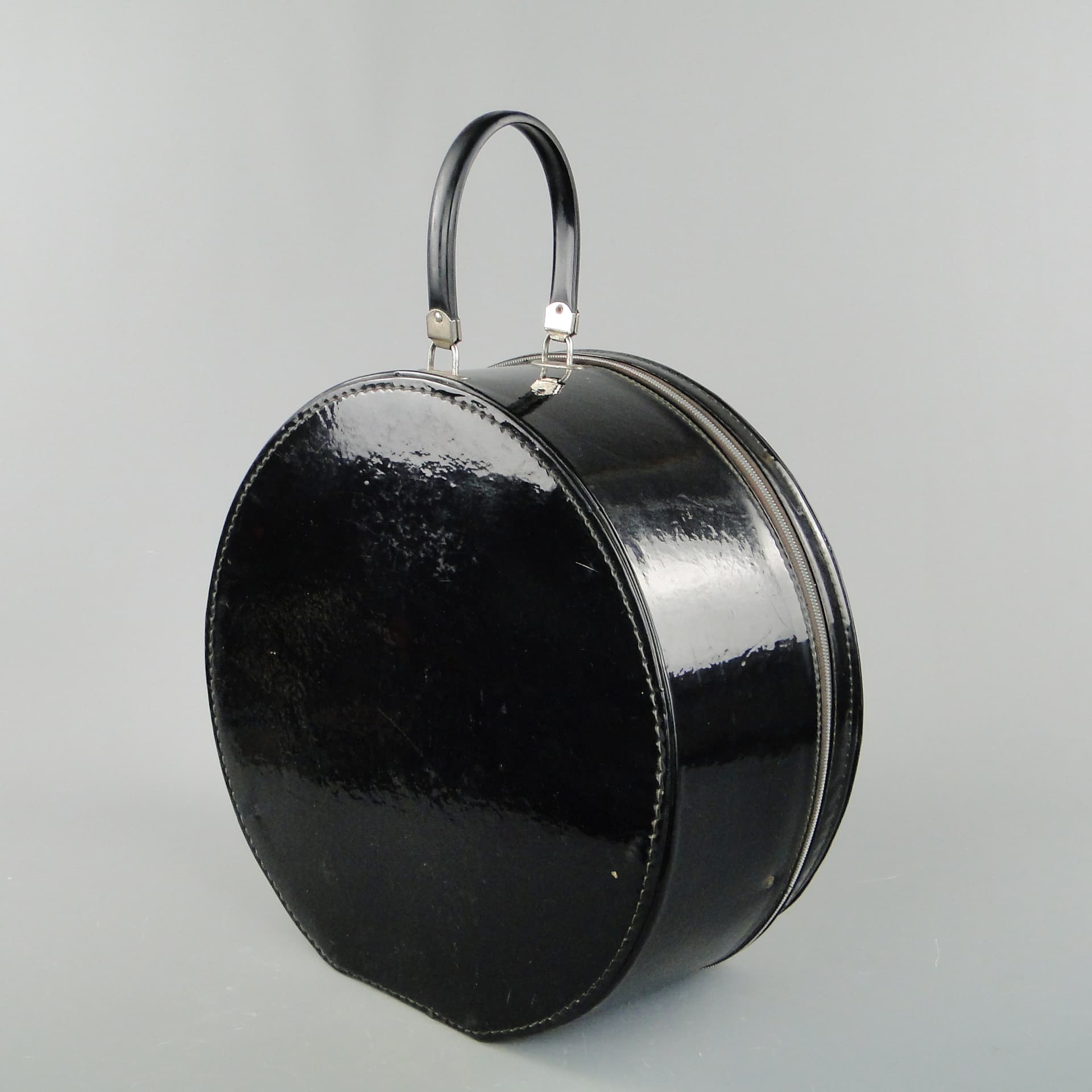 Hatbox, black, artificial leather, metal, France, 1950s - 60201