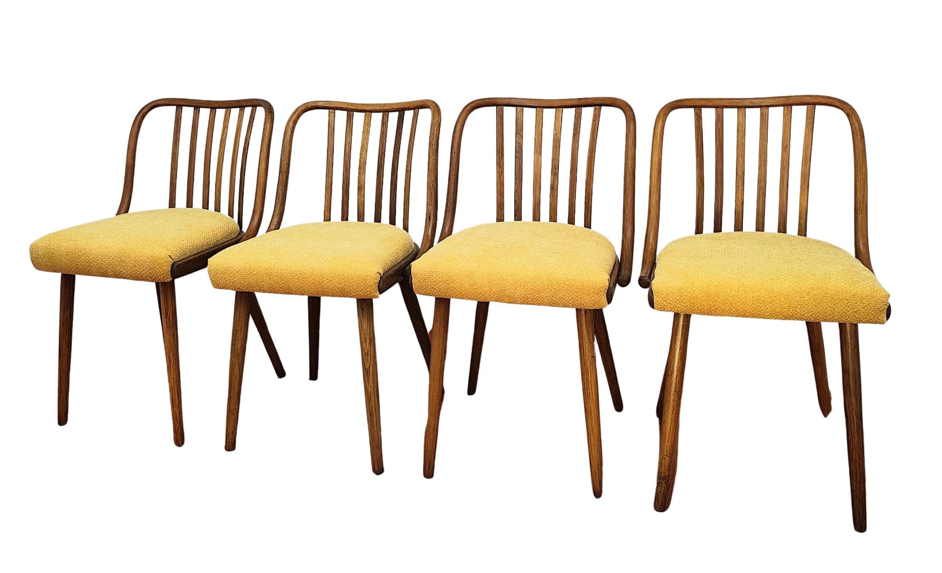 Set of chairs, mustard yellow, wood, by A. Suman, Tatra Nabytok, Czechoslovakia, 1960s.