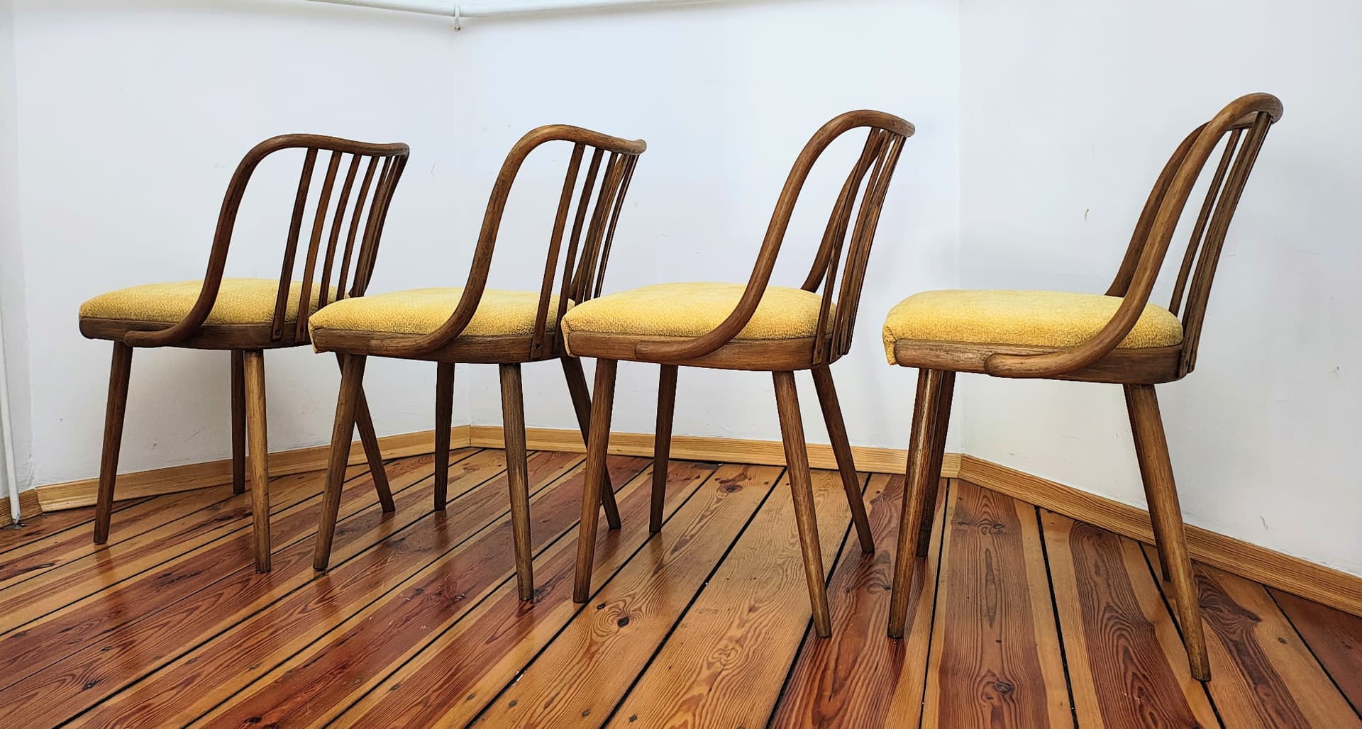Set of chairs, mustard yellow, wood, by A. Suman, Tatra Nabytok, Czechoslovakia, 1960s. - 60271
