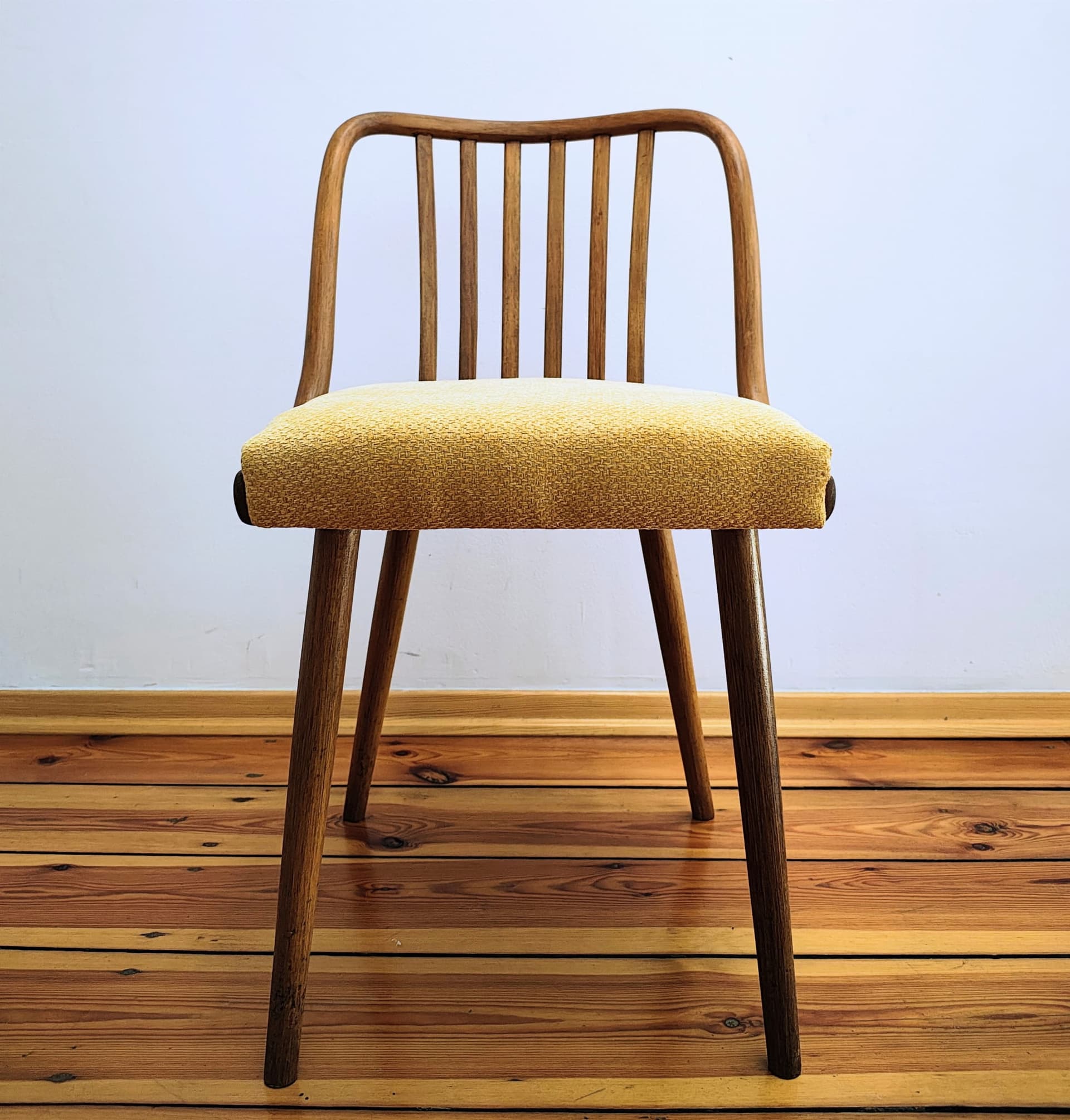 Set of chairs, mustard yellow, wood, by A. Suman, Tatra Nabytok, Czechoslovakia, 1960s. - 60273