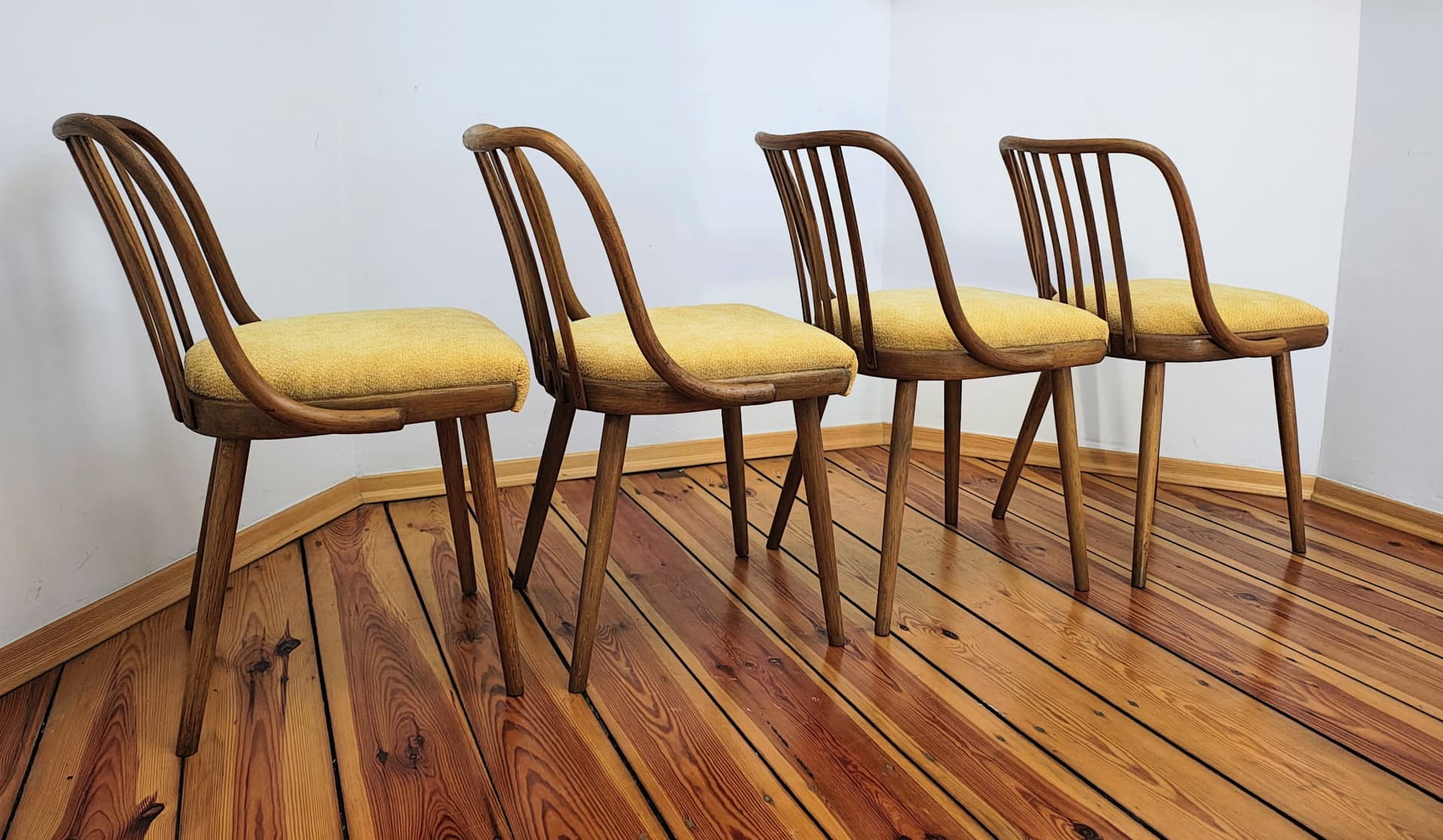 Set of chairs, mustard yellow, wood, by A. Suman, Tatra Nabytok, Czechoslovakia, 1960s. - 60268