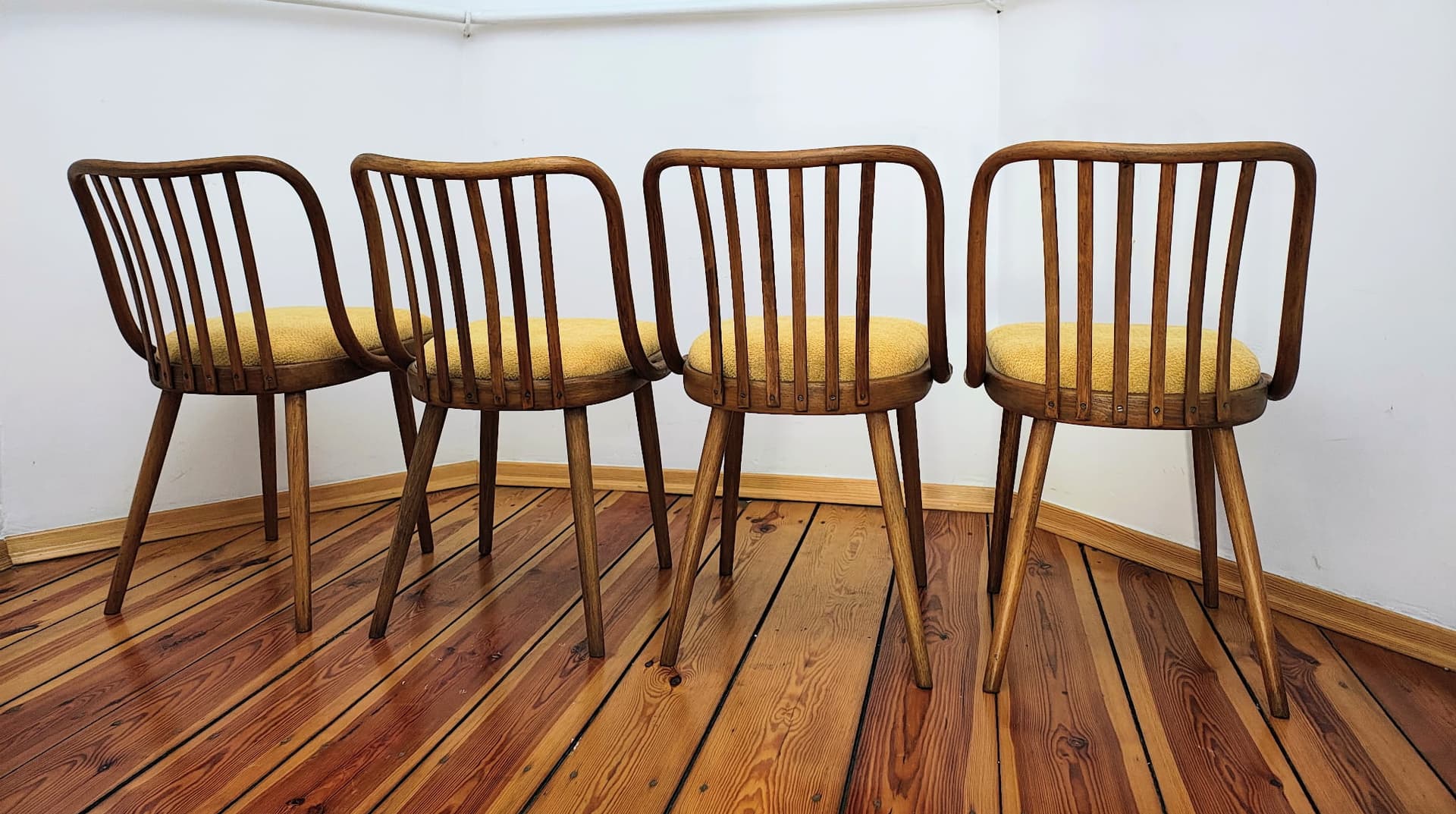 Set of chairs, mustard yellow, wood, by A. Suman, Tatra Nabytok, Czechoslovakia, 1960s. - 60269