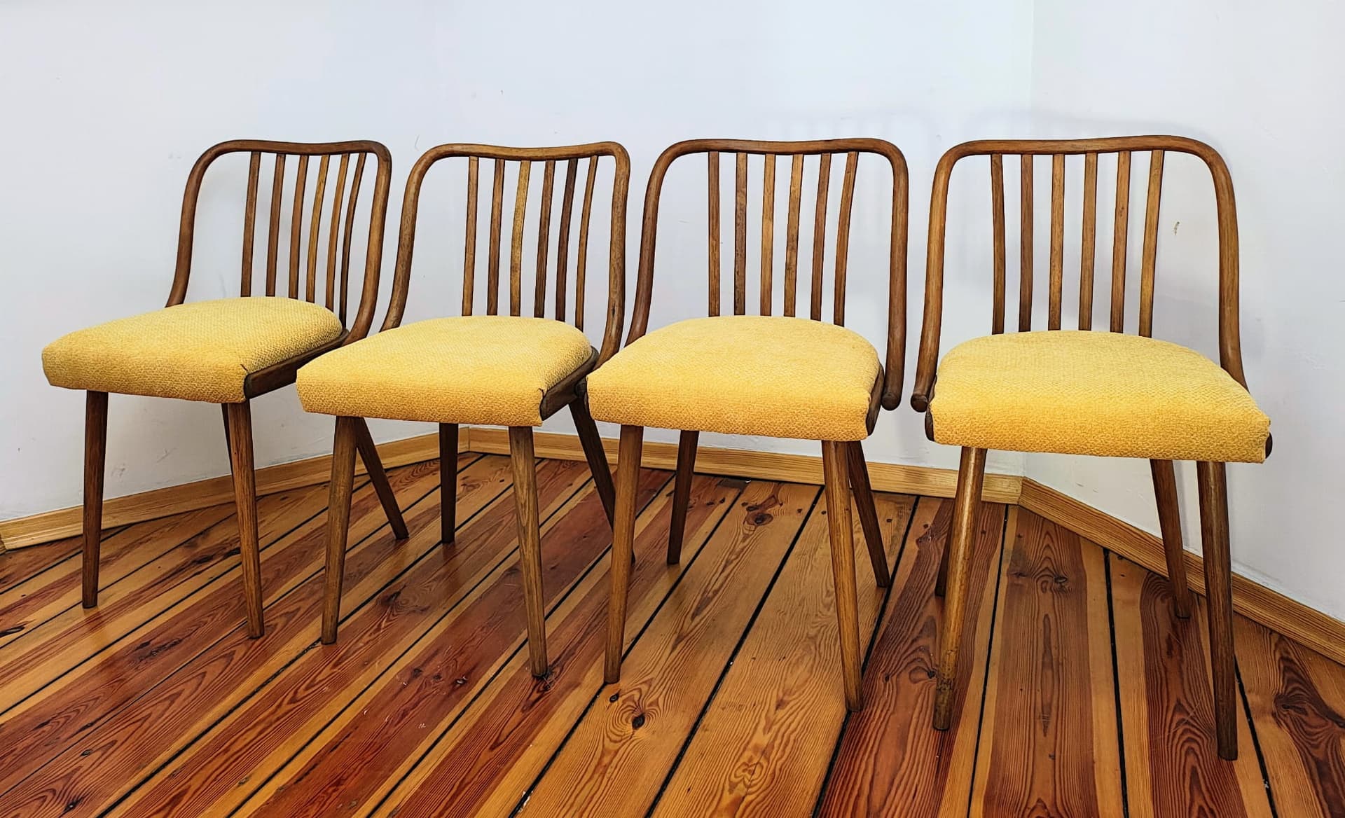 Set of chairs, mustard yellow, wood, by A. Suman, Tatra Nabytok, Czechoslovakia, 1960s. - 60262