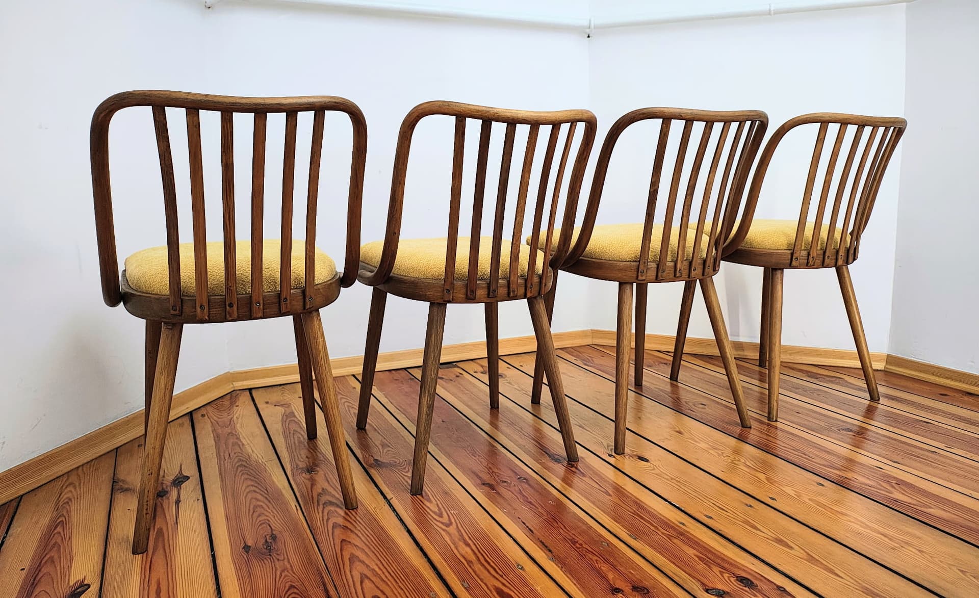 Set of chairs, mustard yellow, wood, by A. Suman, Tatra Nabytok, Czechoslovakia, 1960s. - 60270