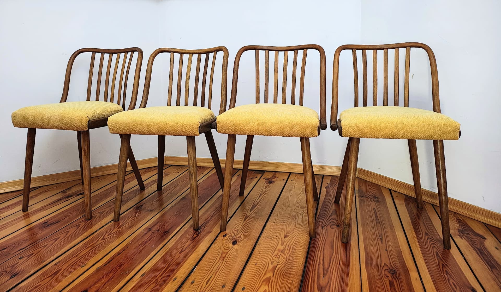 Set of chairs, mustard yellow, wood, by A. Suman, Tatra Nabytok, Czechoslovakia, 1960s. - 60263