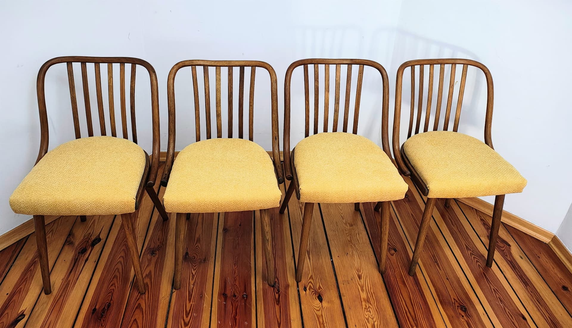 Set of chairs, mustard yellow, wood, by A. Suman, Tatra Nabytok, Czechoslovakia, 1960s. - 60266