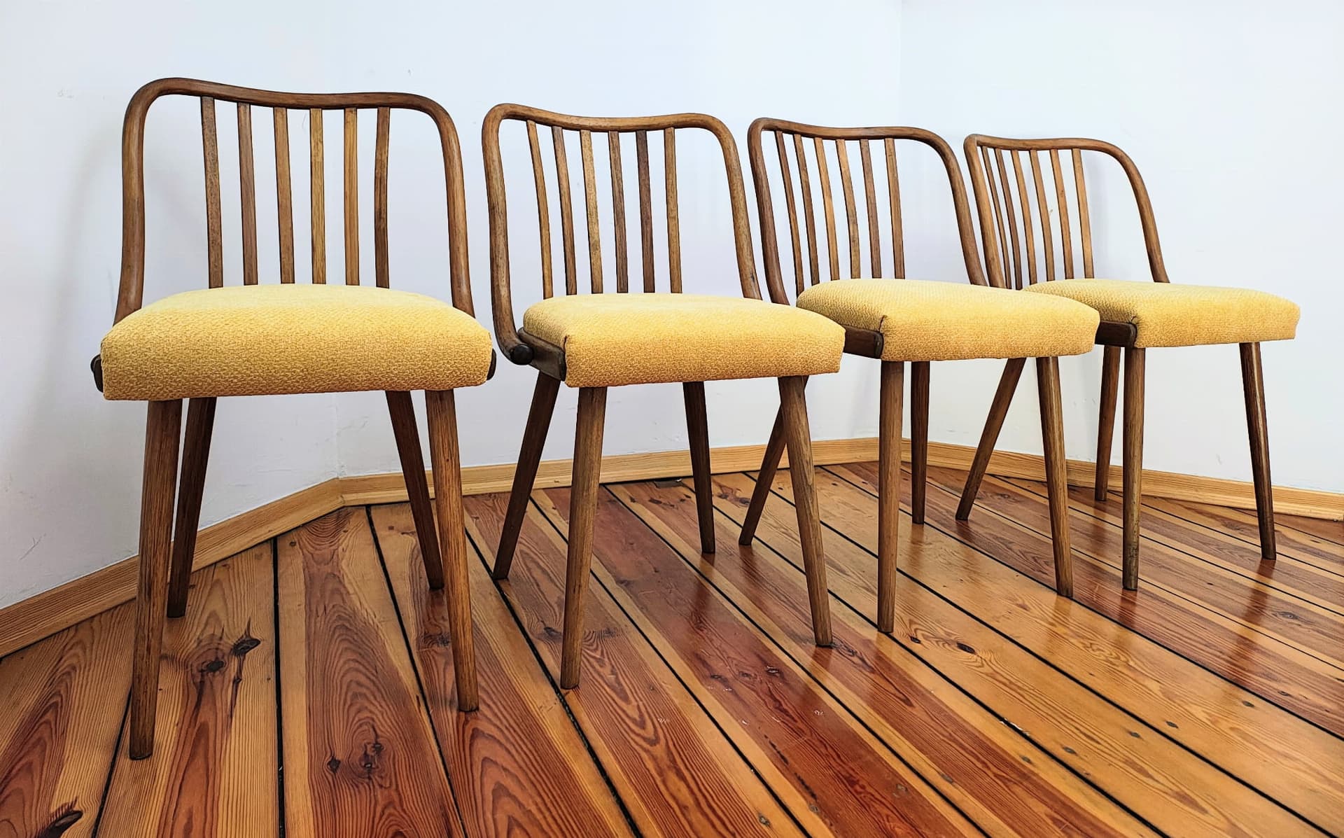 Set of chairs, mustard yellow, wood, by A. Suman, Tatra Nabytok, Czechoslovakia, 1960s. - 60264