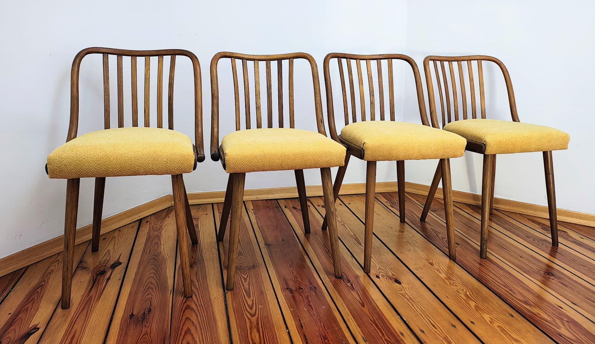 Set of chairs, mustard yellow, wood, by A. Suman, Tatra Nabytok, Czechoslovakia, 1960s. - 60265