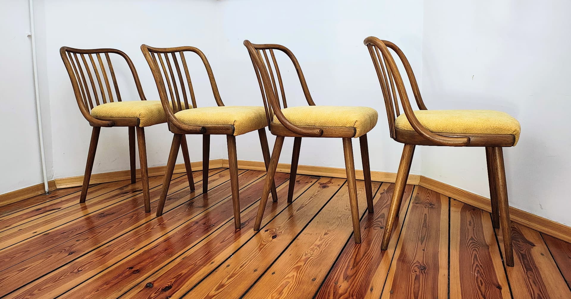 Set of chairs, mustard yellow, wood, by A. Suman, Tatra Nabytok, Czechoslovakia, 1960s. - 60267