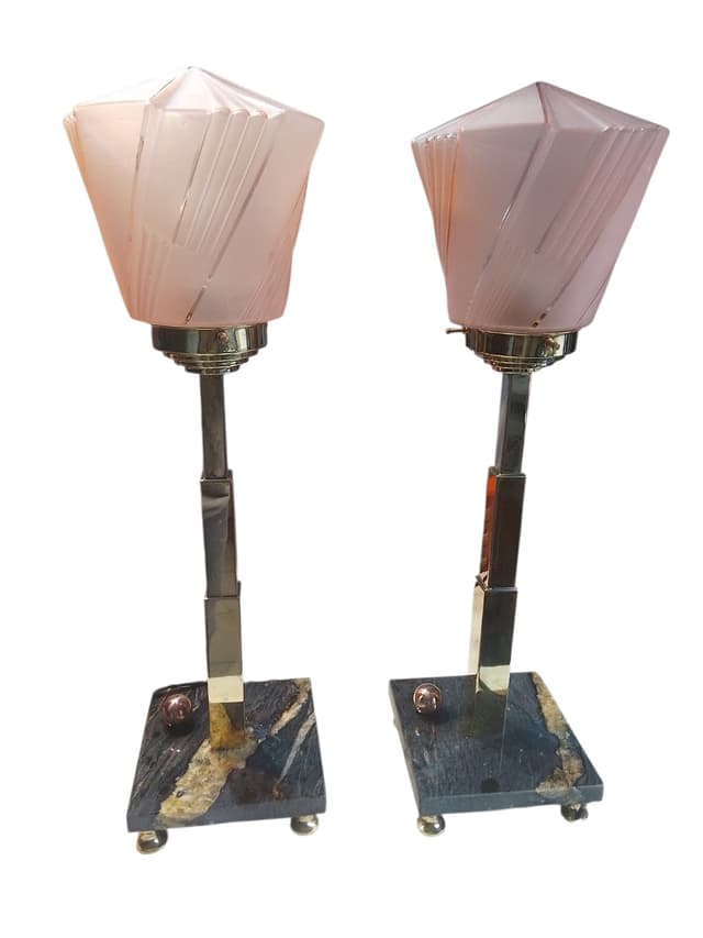 Table Lamp Art Deco, pink glass shade, marble, early 20th c. - DIMENSION