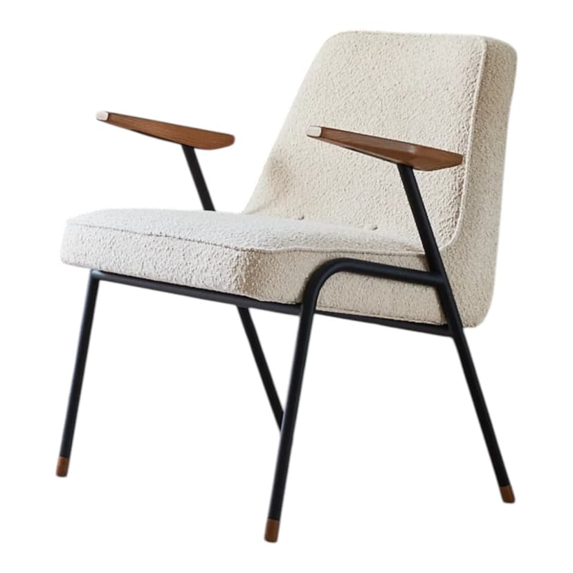 Fotel 366 Metal Boucle Creme, stal czarna, drewno ciemny, proj. J. Chierowski, 366 Concept