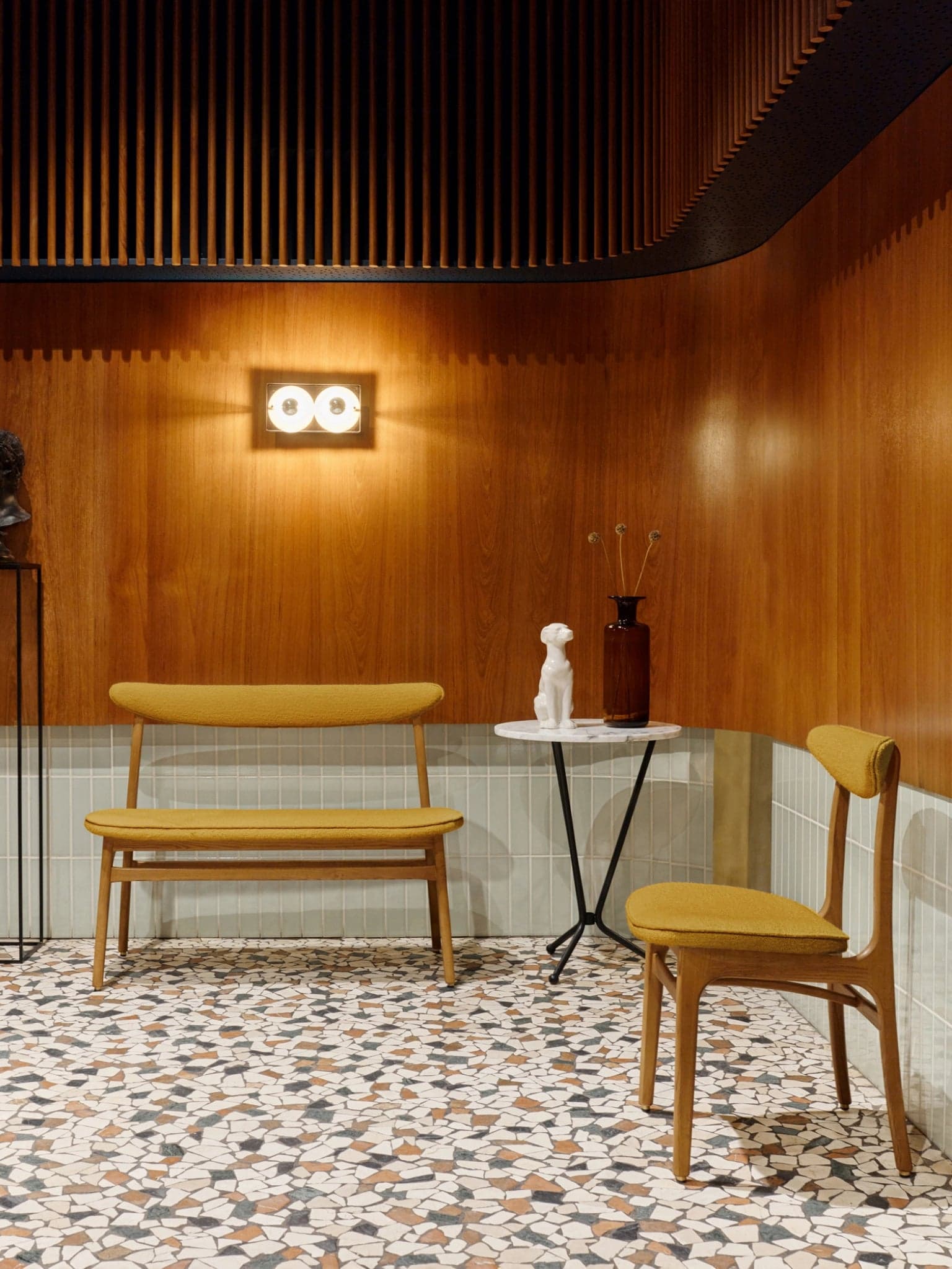 200-190 Bench 108x52x83 cm boucle fabric mustard, ash, no designer, no brand - 64482