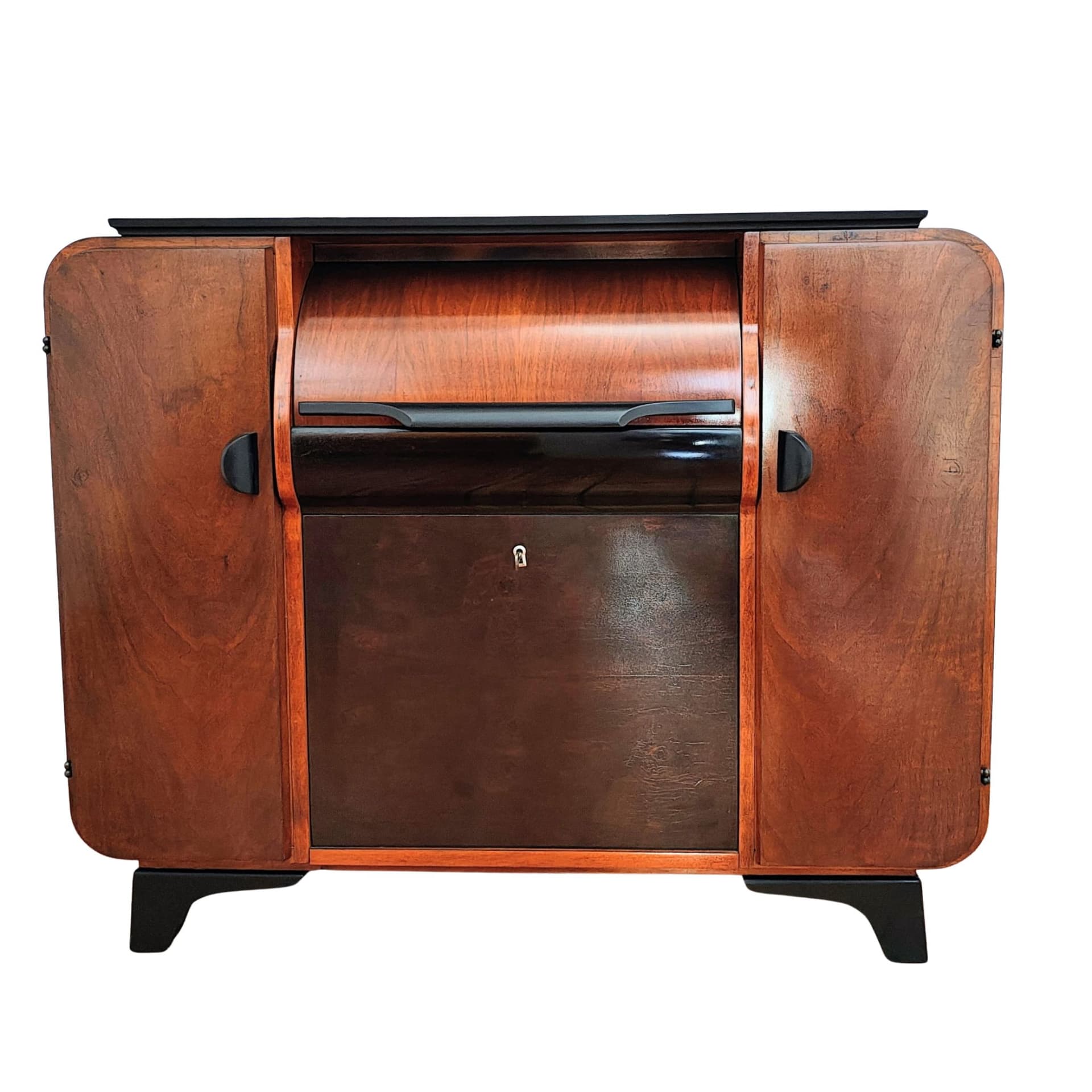 Komoda gramofonowa art déco, orzech brązowy, proj. J. Halabala, Czechosłowacja, lata 30.