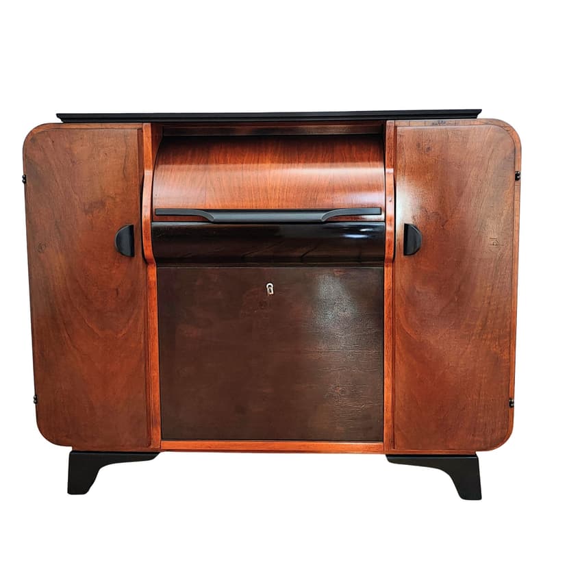 Komoda gramofonowa art déco, orzech brązowy, proj. J. Halabala, Czechosłowacja, lata 30.