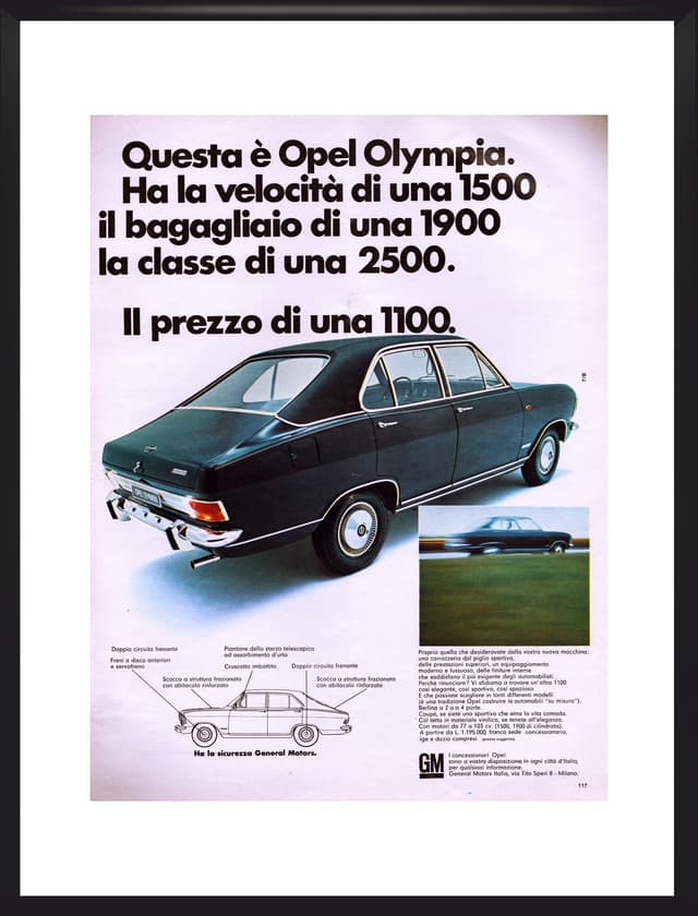 Plakat reklamowy Opel Olympia 30x40 cm, szkło czarne, Włochy, lata 60. - WYMIARY