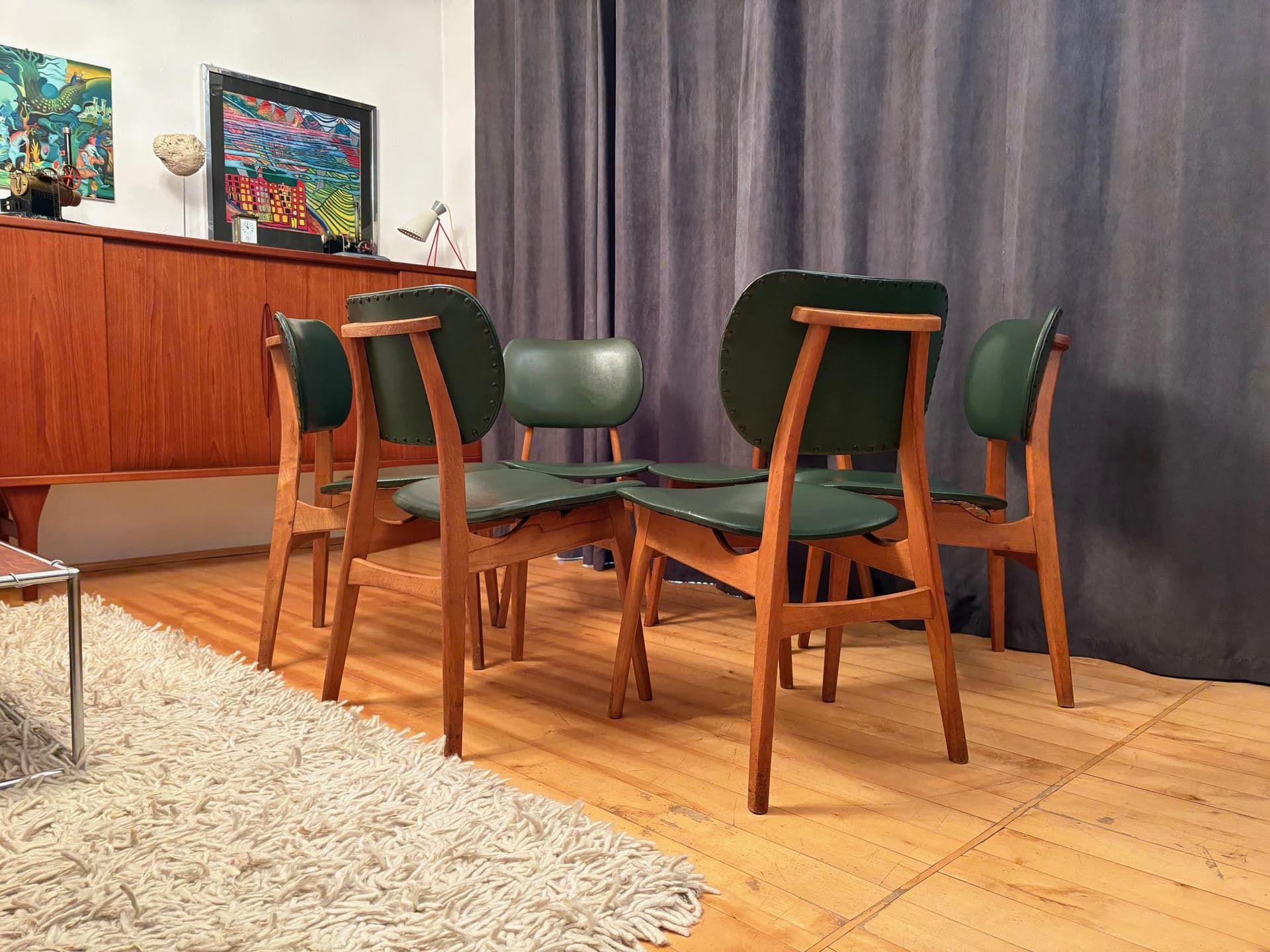 Set of six chairs, olive, beech, Germany, 1960s. - 79536