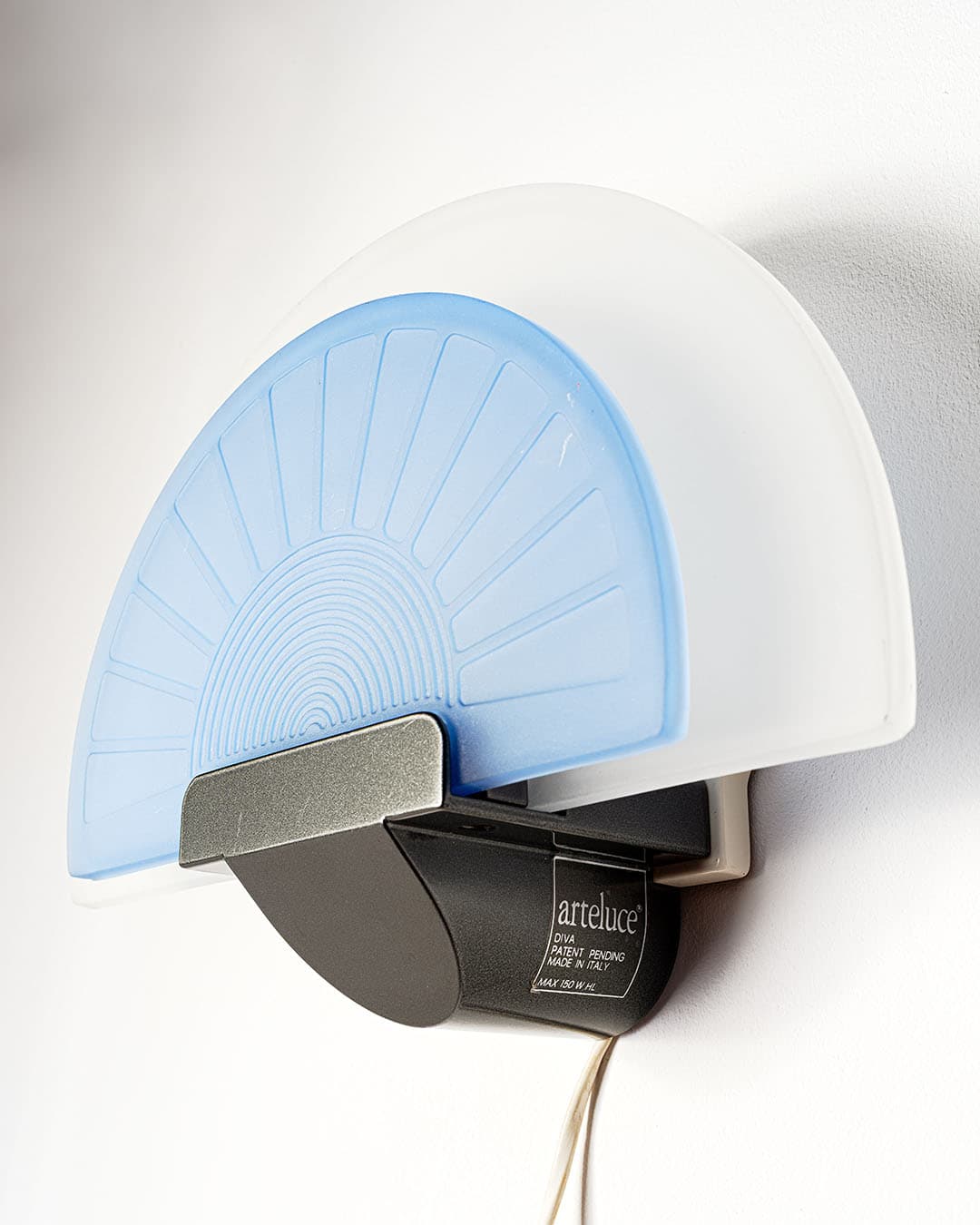 Pair of wall sconces Diva, white blue glass, black metal, by E. Didone, Arteluce, Italy, 1980s. - 66694