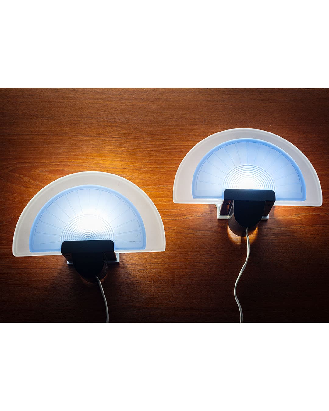 Pair of wall sconces Diva, white blue glass, black metal, by E. Didone, Arteluce, Italy, 1980s. - 66688
