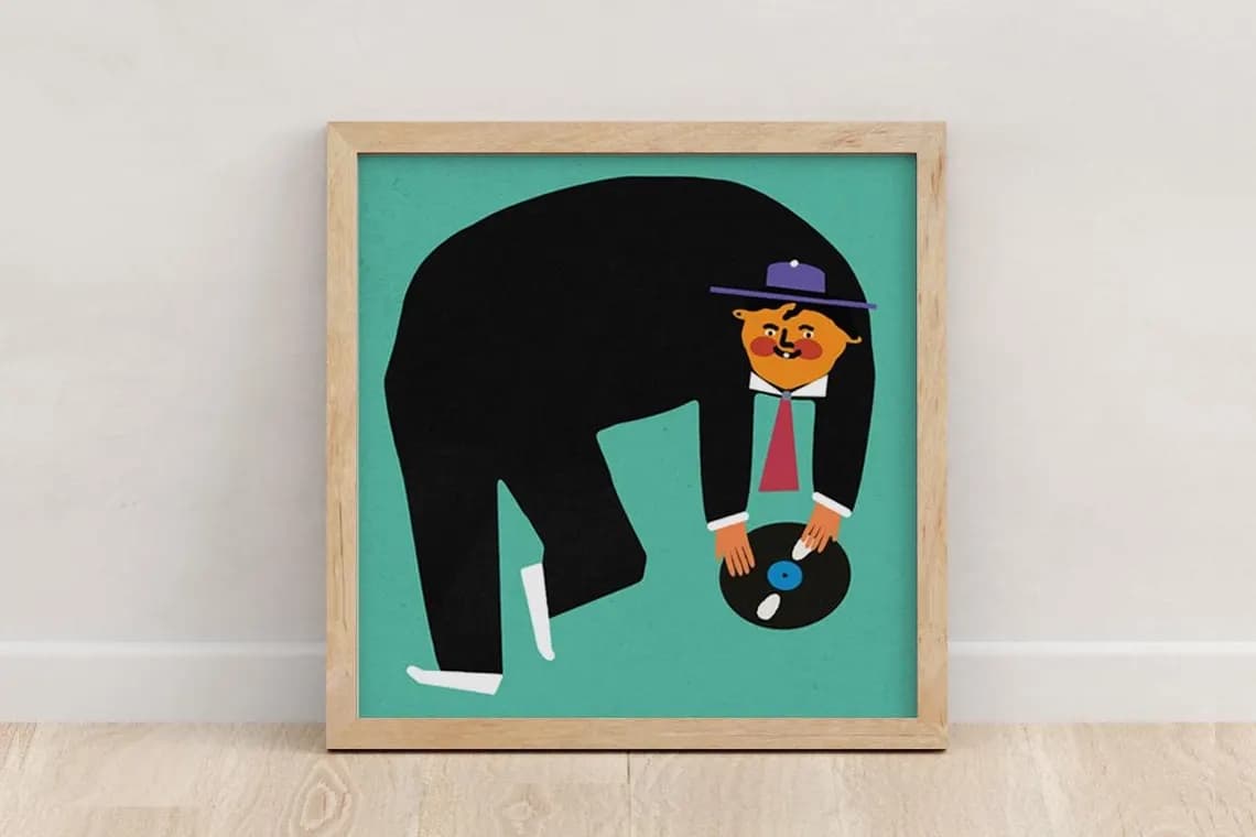 Poster Człowiek w kapeluszu trzyma płytę, 30x30 cm, by J. Zasada, Jakub Zasada - 67534