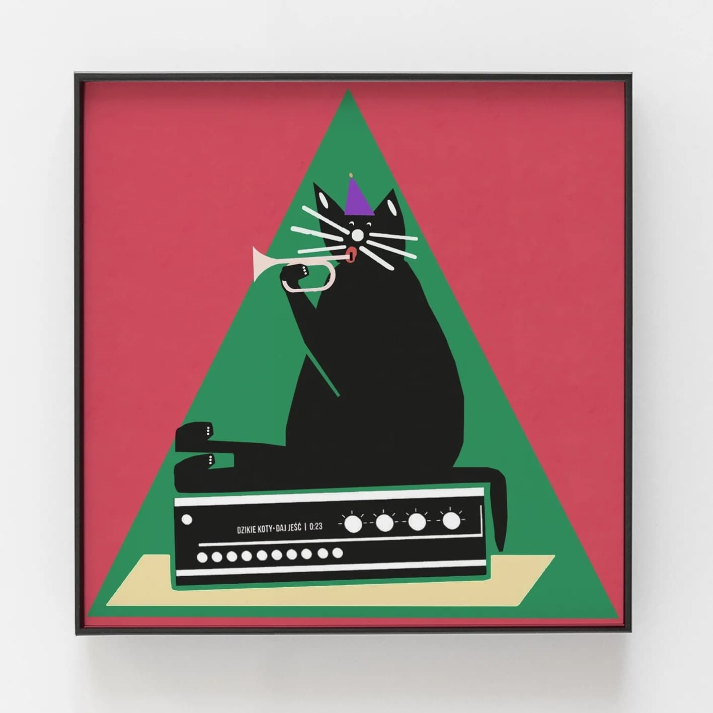 Poster Black Cat Sitting on a Radio Receiver and Playing the Trumpet, 30x30 cm, by J. Zasada, Jakub Zasada - 68461
